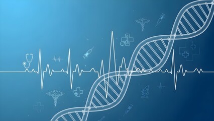 A modern medical illustration featuring a DNA double helix combined with electrocardiogram (ECG) heartbeat lines on a blue background. The image includes subtle healthcare icons such as syringes, medi