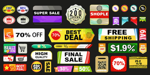Collection of colorful sale badges banners and promotional graphics for marketing