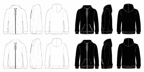 Fashion technical illustration of white and black zip up hoodies in various views © Mityunjoy