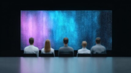 A group of people are sitting in front of a large screen, watching a movie
