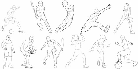 Dynamic sketches of athletes in various action poses during sports activities