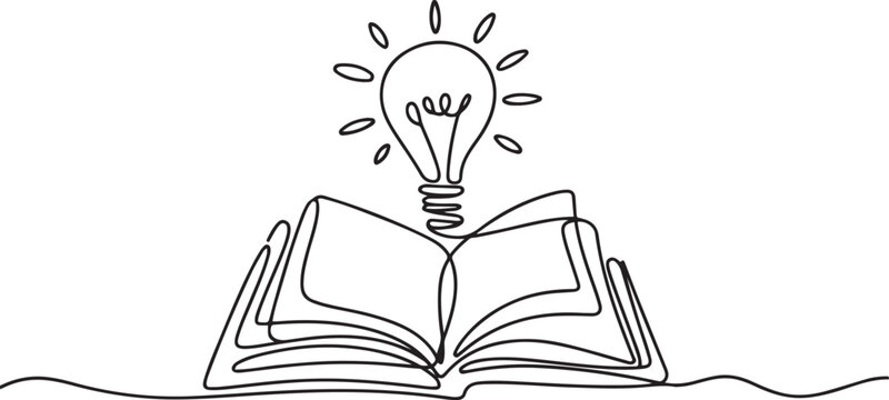 Open textbook with shining light bulb continuous one line icon drawing.one line  vector illustration  with out background