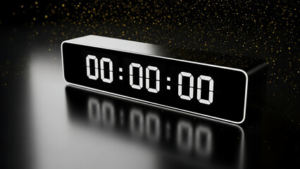 A modern digital clock displaying zeros on a reflective dark surface with subtle golden particles.