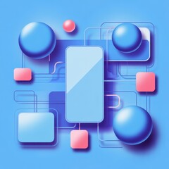 Digital smartphone with blue and pink abstract shapes and lines on blue background