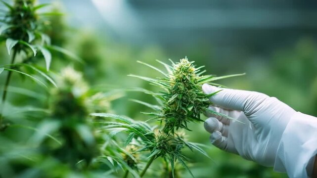 Close-up of a gloved hand inspecting a cannabis or hemp bud in a greenhouse