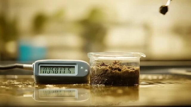 Close-up of a lab assistant submerging an electrode of a portable EC/TDS meter into wet soil