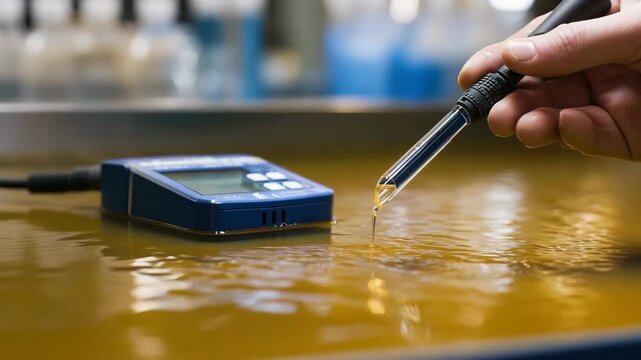 Close-up of a lab assistant submerging an electrode of a portable EC/TDS meter into wet soil