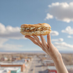 Hand holding a delicious sandwich against a clear sky and city landscape in the background