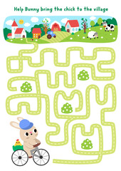 Easter village maze for children with bunny on bicycle going to church with chick. Funny labyrinth game with cute hare on bike. Spring holiday printable activity, worksheet with rural country scene