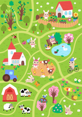 Vector Easter village map. Rural nature detailed scene with church, bunny, colored eggs, animals, house with carrots and garden, blooming trees, chicks. Spring holiday landscape background for kids