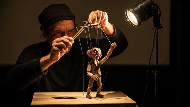 Skilled puppeteer manipulates a detailed marionette under a focused stage spotlight during a small, intimate performance.