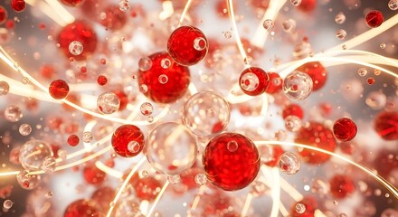 Abstract scientific visualization of red molecules and atoms connected by glowing energy trails