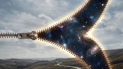 Fototapeta premium Zipper opening in sky revealing outer space and stars