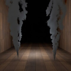 Dark enclosed space with two vertical smoke-like formations on wooden floor and walls