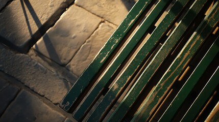 A close-up shot reveals a weathered green wooden bench resting on a brick surface. The sunlight casts shadows, creating a captivating interplay of light and shadow on the worn textures.