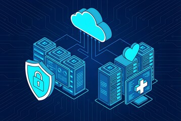 Isometric cloud healthcare infrastructure with servers, shield icon, and data flow, illustrating secure EHR storage, encryption, compliance, backup, and network connectivity for digital hospitals.