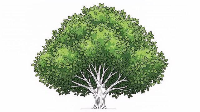 Colorful illustrated tree with lush green canopy and white trunk, a stylized botanical artwork.