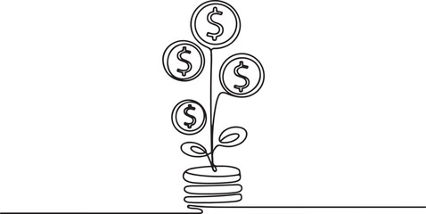 Money plant in One Continuous line drawing. Growing coin tree symbol and finance investment increase concept.one line  vector illustration  with out background