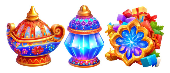 Fototapeta premium Colorful Seasonal Holiday Lights with Decorative Lanterns and Gift Arrangements