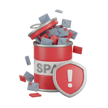 3d illustration of a trash can full of junk mail and spam envelopes, symbolizing email filtering, cybersecurity, and digital inbox management
