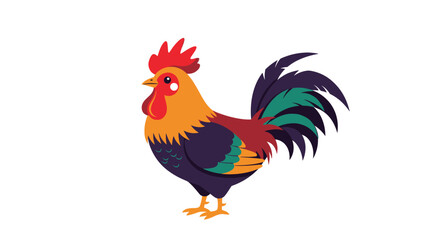 Fototapeta premium Bright and colorful rooster illustration with vibrant feathers in orange, purple, teal, and red tones over a clean white backdrop.