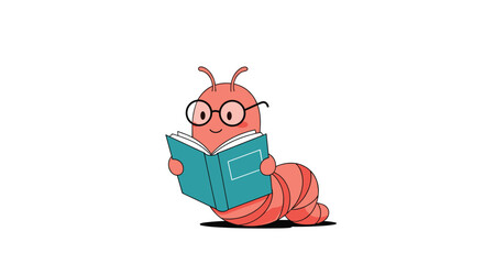 Cute red bookworm character wearing round glasses and reading a turquoise book against a white background with a small shadow.