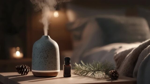 Aromatherapy diffuser creating soothing mist, with essential oil and pine for bedroom relaxation