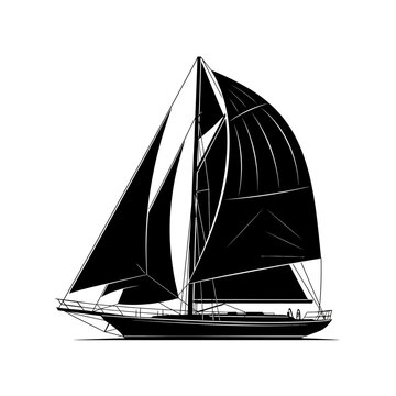 Classic Vector Silhouette of a Sailing Boat with Spinnaker, Maritime Icon