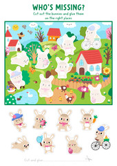 Vector Easter cut and glue activity. Crafting game with cute spring landscape, bunny, church, garden, meadow. Holiday printable worksheet. Find right piece of the puzzle. Complete picture