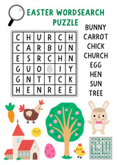 Vector Easter word search puzzle for kids. Wordsearch quiz with bunny, blooming tree, church, hen, chick, carrot and sun for children. Spring holiday educational cross word activity
