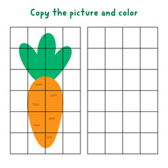 Copy the picture and color. Draw a carrot. Vector square Easter drawing and coloring practice worksheet. Printable spring holiday activity for kids