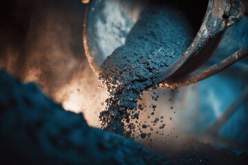 Close-up of construction worker pouring blue gravel from bucket in a dusty environment