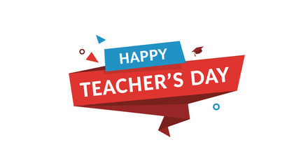 Creative Happy Teachers Day banner design with red and blue folded ribbons and educational icons on a clean white background.