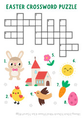 Vector Easter crossword puzzle for kids.  Quiz with bunny, church, egg, carrot, chick, sun and flower for children. Cute spring holiday educational cross word activity with traditional symbols