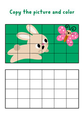 Copy the picture and color. Draw a bunny. Vector Easter drawing and coloring practice worksheet. Printable spring holiday activity for kids with rabbit catching a butterfly