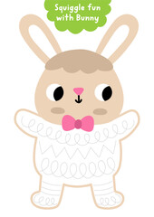 Vector Easter handwriting practice worksheet shaped as bunny with squiggle pattern on his body. Preschool drawing printable activity. Spring holiday tracing game with cute rabbit