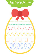 Vector Easter handwriting practice worksheet shaped as colored egg with squiggle pattern as decoration. Preschool drawing printable activity. Spring holiday tracing game