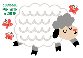 Vector Easter handwriting practice worksheet shaped as sheep with squiggles for wool pattern. Preschool drawing printable activity. Spring holiday tracing game with farm animal