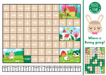 Easter logic maze for kids with bunny going with colored egg basket and spring landscapes. Spring preschool printable activity. Labyrinth game or puzzle with left, right, up, down concept