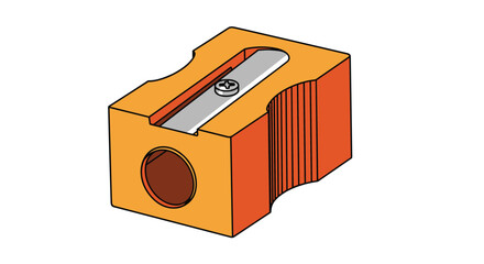Close up illustration of an orange manual pencil sharpener with a metal blade and a screw against a plain white background.