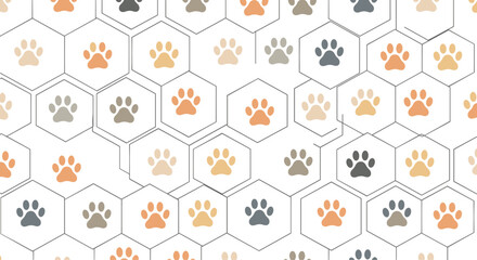 Modern hexagonal pattern with various animal paw prints in brown, orange, and grey shades on a clean white background.