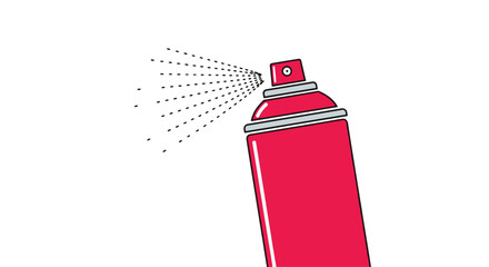 Red spray paint can in a tilted position spraying a mist of particles shown in a simple line art style on white.