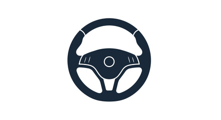 Solid black silhouette icon of a modern car steering wheel with button controls shown against a clean white background.