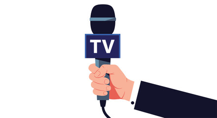 Hand in a business suit holding a professional microphone with a blue TV news logo against a clean white background.