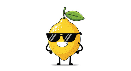 Cool yellow lemon cartoon character wearing black sunglasses and smiling confidently against a plain white background.