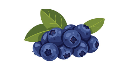 Realistic bunch of ripe blue blueberries with two green leaves attached to the stem against a plain white background.