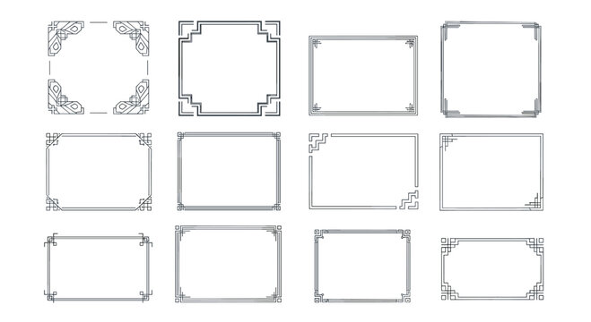 Set of twelve decorative minimalist frames and borders in various styles including geometric and art deco designs on white.