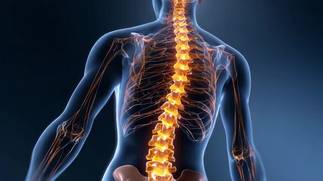 Transparent human body with illuminated spine creating futuristic medical visualization of spinal structure posture alignment and health related pain diagnosis concept