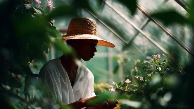 In a serene greenhouse, a figure in a wide-brimmed straw hat gently tends to blooming flowers, surrounded by lush greenery, immersing in the beauty of nature and tranquility.