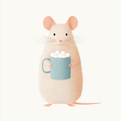 Cartoon mouse holds a cup filled with marshmallows in a simple and fun setting with light colors